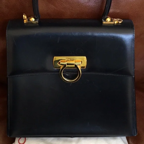 Authentic Salvatore Ferragamo Kelly Bag in Navy blue with gold hard ware - Picture 2 of 9